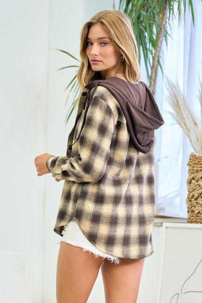 Honey Brown Plaid Hooded Shacket
