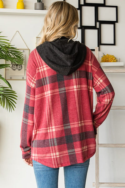 Burgundy & Black Plaid Hooded Flannel