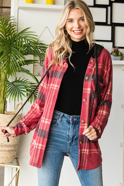 Burgundy & Black Plaid Hooded Flannel