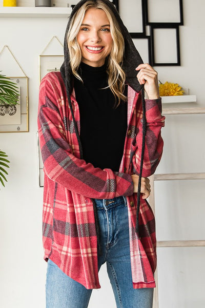 Burgundy & Black Plaid Hooded Flannel