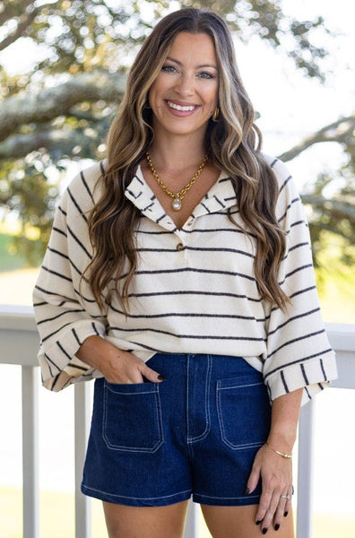 Cream Stripe Wide Sleeve Sweater