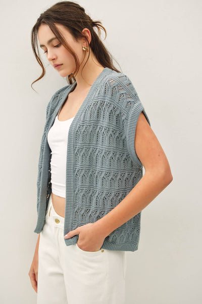Teal Crochet Knit Short Sleeve Open Front Cardigan