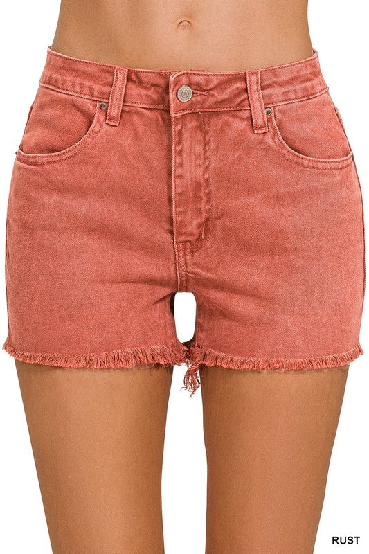 Acid Wash Frayed Hem Shorts in Rust