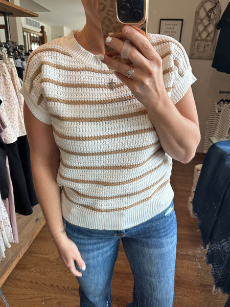 Taupe Stripe Crochet Short Sleeve Top