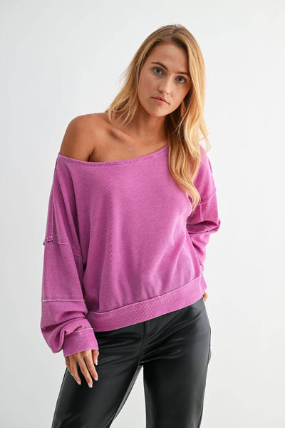 Orchid Raw Edge Waffle Knit Pullover