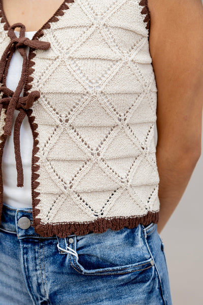Cream Contrast Stitch Crochet Knit Vest