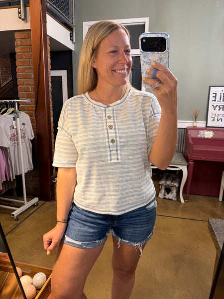 Blue Stripe Henley Exposed Seam Top