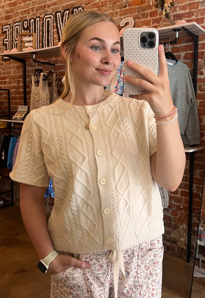 Beige Cable Knit Short Sleeve Sweater Cardigan