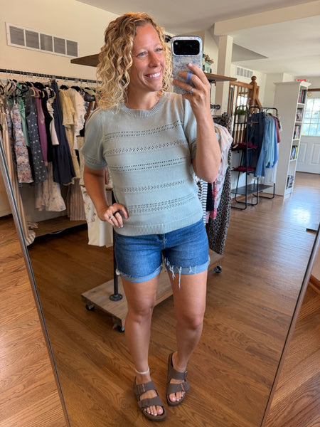 Dusty Blue Crochet Stripe Puff Sleeve Short Sleeve Sweater