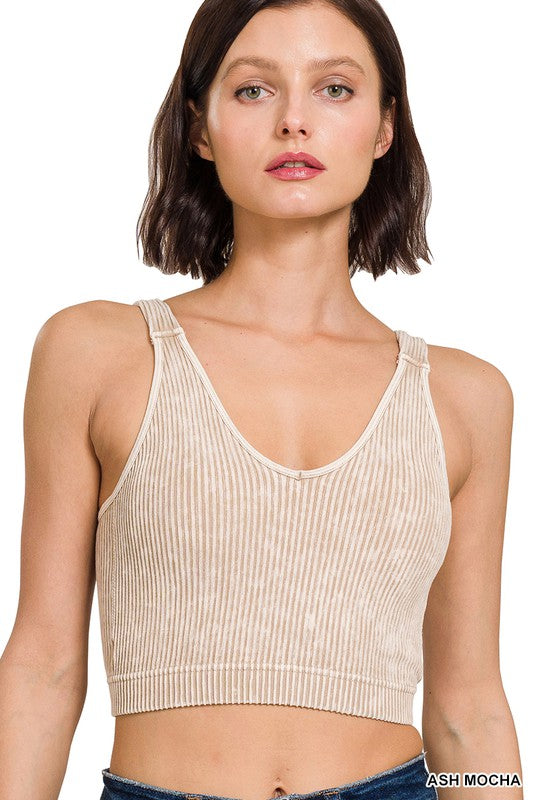 Acid Wash Padded Ribbed Tank Top in Latte