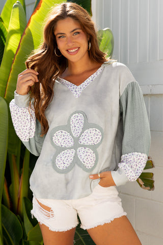 Sage Boho Floral Patched Waffle Top