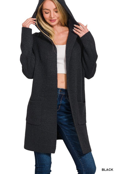 Black Hooded Sweater Cardigan