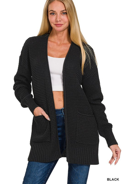 Black Chunky Waffle Knit Cardigan