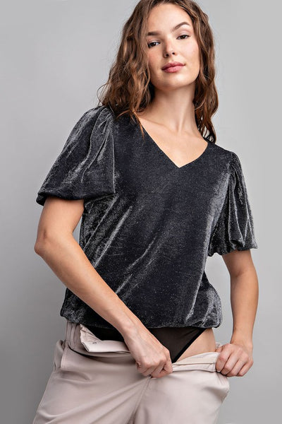 Shimmer Puff Sleeve Bodysuit in Black