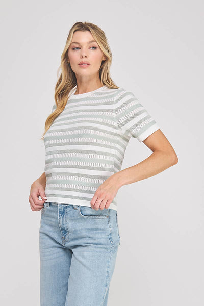 Sage Stripe Short Sleeve Color Block Knit Top