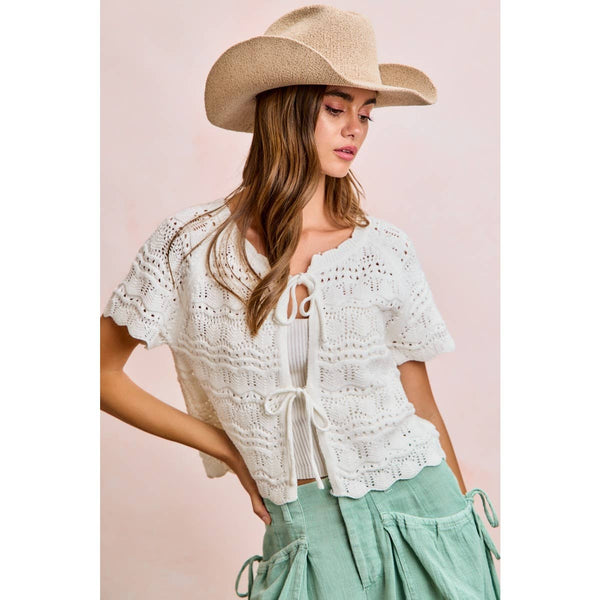 Ivory Pointelle Knit Front Bow Top