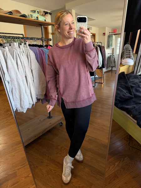 Vintage Plum Mineral Wash Exposed Seam Side Slit Sweatshirt