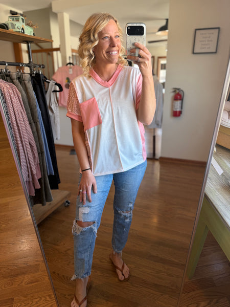 Ivory & Peach Lace V-Neck Top