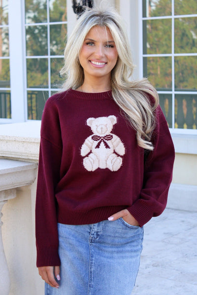 Burgundy Teddy Crewneck Pullover Sweater