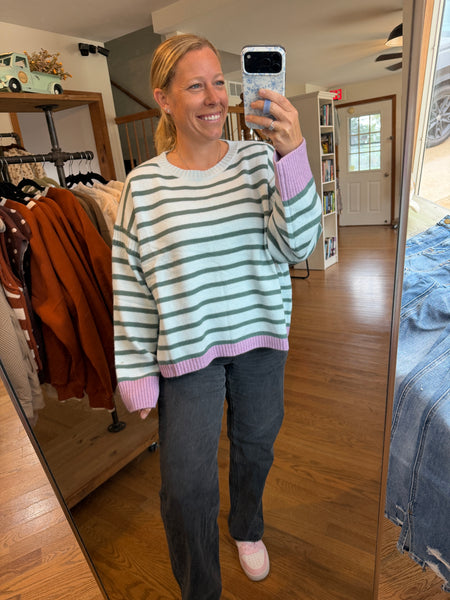 Blue Stripe Contrast Trim Sweater