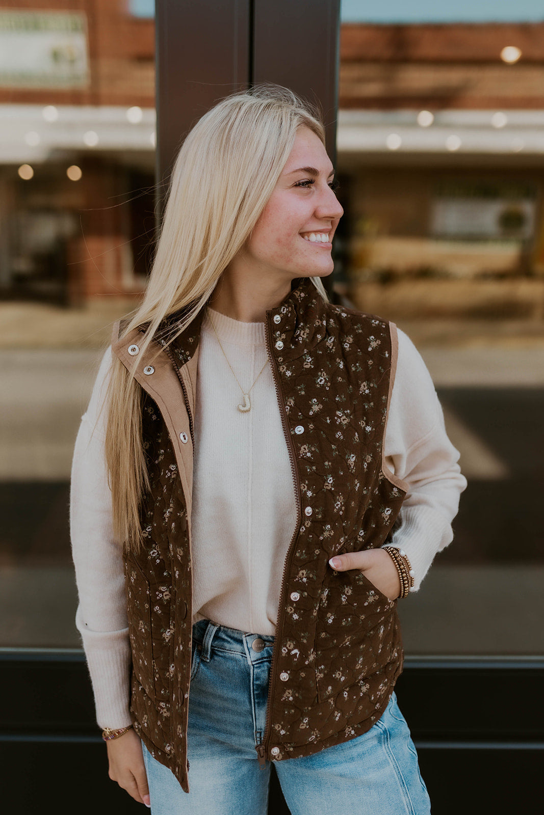 Chocolate Floral Quilted Puffer Vest