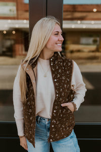 Chocolate Floral Quilted Puffer Vest