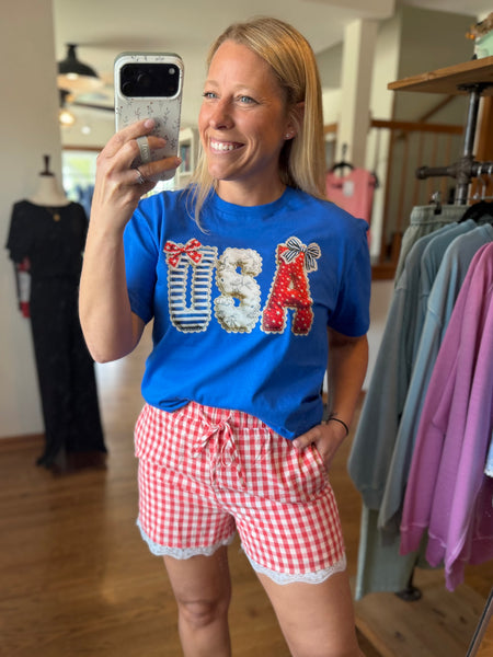 Royal Blue USA Girly Pop Bow Graphic Tee