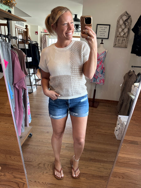 Taupe Color-Block Short Sleeve Sweater