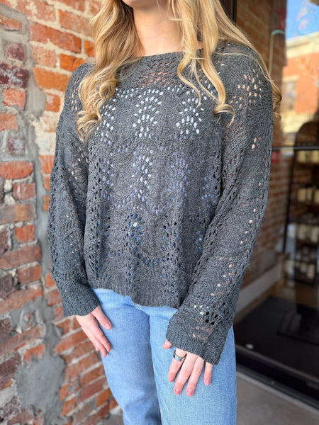 Ash Grey Scalloped Hem Open Knit Sweater
