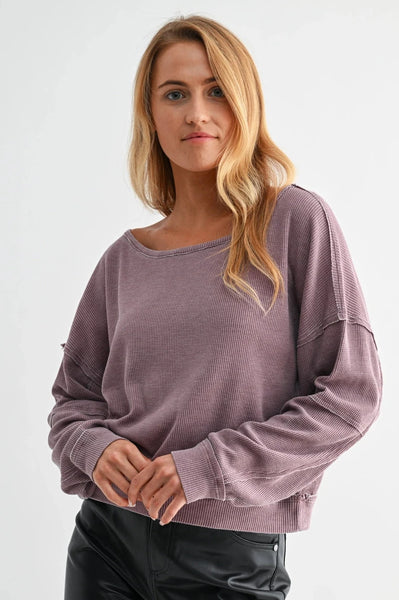 Rose Taupe Raw Edge Waffle Knit Pullover