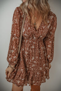 Rust Boho Floral Midi Dress