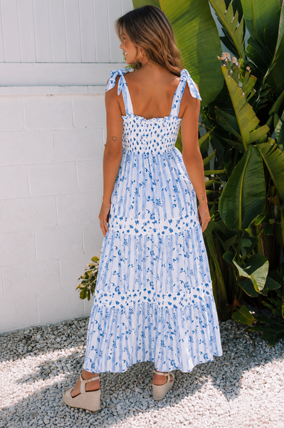 Sky Blue Floral Smocked Tiered Maxi Dress