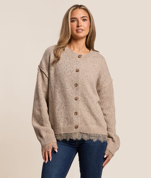Lace Trim Exposed Seam Button Down Knit Cardigan