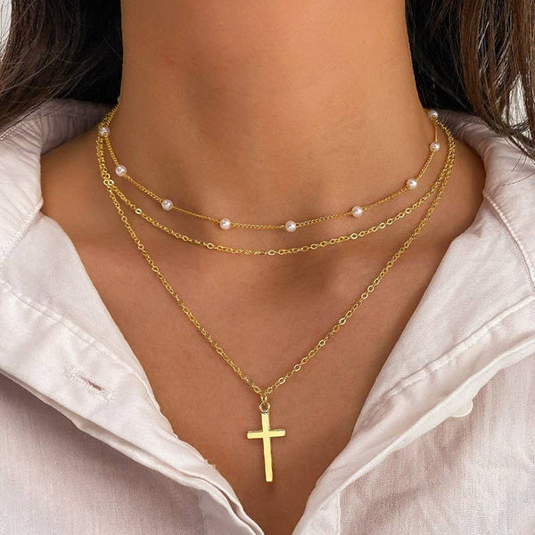 Gold 18K Stainless Steel Tarnish Free Layered Cross Necklace