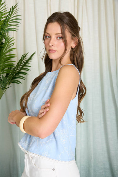 Baby Blue Embroidered Floral Tank Top
