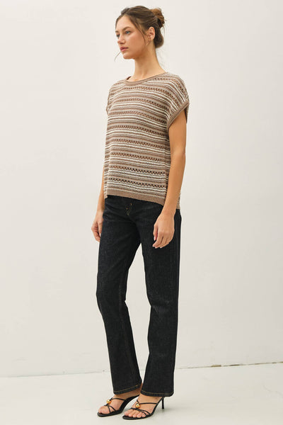 Mocha Striped Open Knit Sweater
