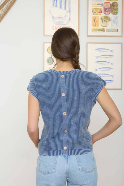 Indigo Acid Wash Button Back Knit Top