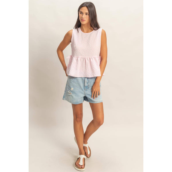 Pink Gingham Sleeveless Peplum Top