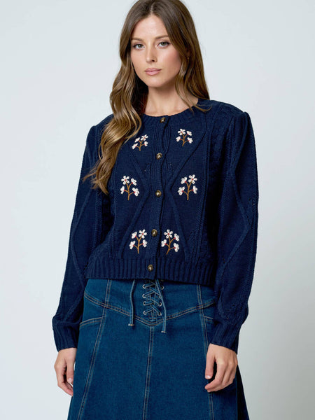 Navy Floral Embroidered Cable Knit Cardigan