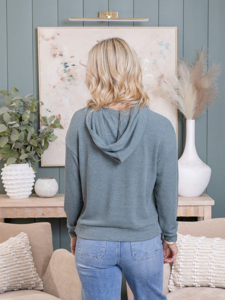 Dusty Blue Ribbed Hooded Pullover