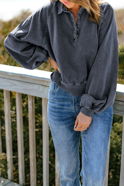 Blue Washed Snap Neckline Pullover Sweatshirt