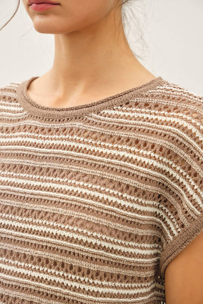 Mocha Striped Open Knit Sweater