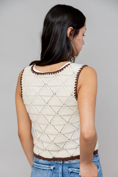 Cream Contrast Stitch Crochet Knit Vest