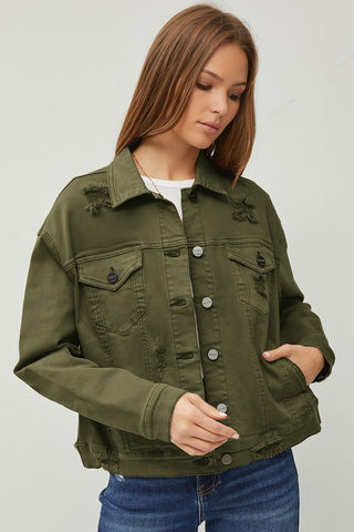 Risen Distressed Olive Denim Jacket