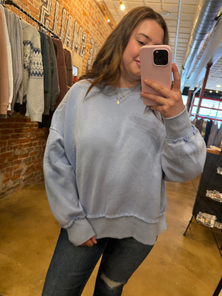 Misty Blue Distressed Washed Pullover