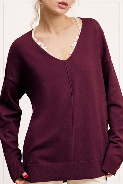Plum Center Seam V-Neck Sweater