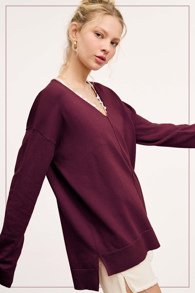 Plum Center Seam V-Neck Sweater