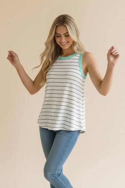 Grey & Mint Color Block Stripe Tank