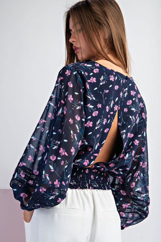 Navy Floral Keyhole Blouse