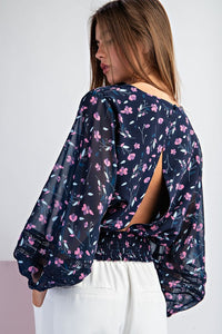 Navy Floral Keyhole Blouse